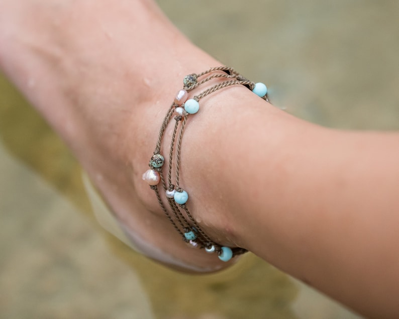 Pink Tiger/'s Eye Round Petite Princess Anklet  hand-spun ROPE collection  waterproof  life-proof  Tula Blue 0487