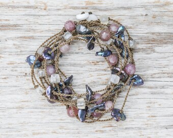Lepidolite, Moonstone + Peacock Petal Pearl WRAP Stack ~ 3 WRAPS, rock them your way! hand-spun ROPE by Tula Blue