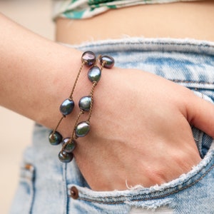 Peacock Pearl Baroque Large WRAP ~ handspun ROPE ~ bracelet ~ anklet ~ necklace ~ versatile ~ minimalist bohemian ~ tula blue ~1458