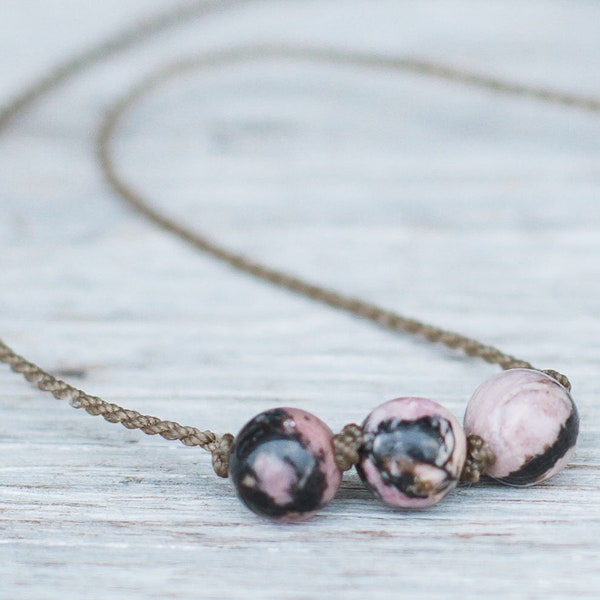 Pink Black Rhodonite triple knotted necklace / handspun ROPE /waterproof / kid-proof / life-proof/ minimalist beauty / tulablue / srho0102