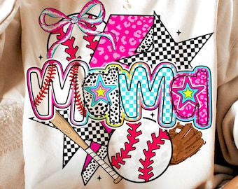May include: White sweatshirt with a colorful graphic design featuring the word "MAMA" in a baseball theme. The design includes baseballs, bats, stars, and checkered patterns.