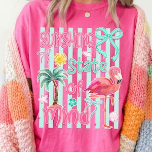 May include: A pink t-shirt with the words "Sunshine State of Mind" in a turquoise and white striped design. The shirt features a flamingo, palm tree, and other tropical elements.