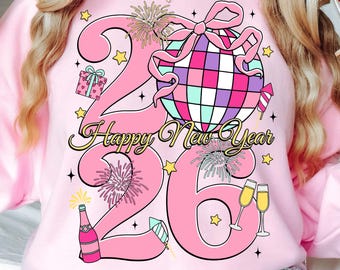 Preppy guten Rutsch ins Neue Jahr 2026 Png, trendige Silvester Png, Pink Disco Ball Pailletten Glitzer Png, Kokette Schleife Neujahrsdesign, Hallo 2026