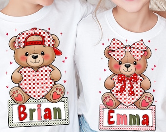 Custom Valentine Teddy Bear PNG, Matching Kids Shirt Design, Camo Bow Bear Graphic for Boys & Girls, Personalized Valentine Shirt
