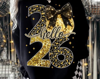 Frohes Neues Jahr 2026 Png, trendiges Silvester Png, Schwarz Und Gold Pailletten Glitzer Png, Faux Leopard Neujahr Shirt Design, Hallo 2026 Png