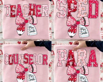 Coquette Teacher Valentine Pencil Bow Png Bundle, Custom Teacher Name Valentine Png, Love Valentine Para Counselor Png, Heart Glitter Png