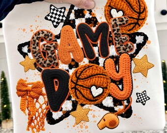 Game Day Basketball PNG, Faux Yarn & Crochet Basketball Design, Basketball Season Shirt Sublimation, Basketball Mom Digital File