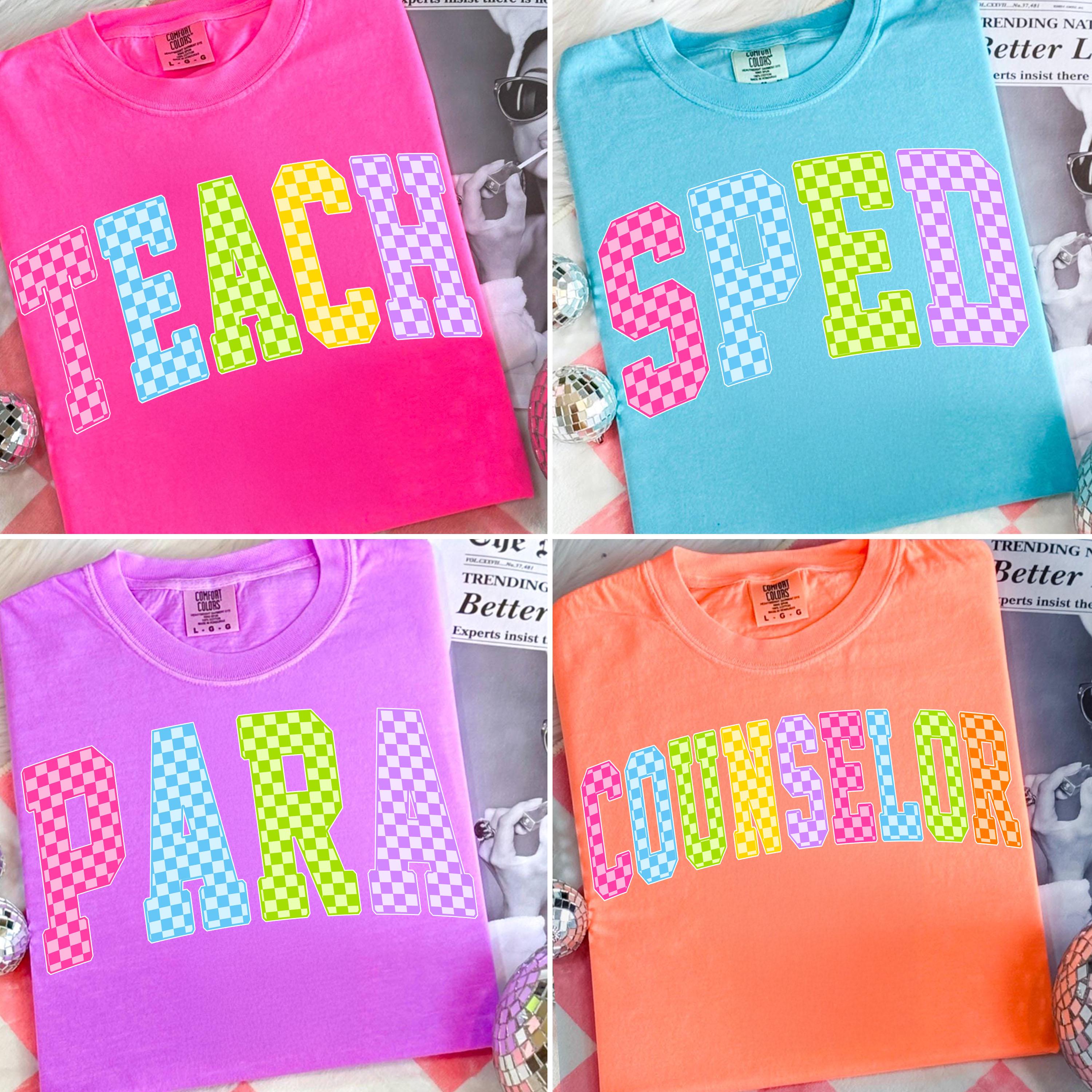 Checkered Neon School Occupation PNG Bundle, Back to School Teacher Sped Para Counselor, Preppy First Day of School Girly Png, Colorful