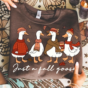 May include: A brown sweatshirt featuring four cartoon geese dressed in fall attire. The geese wear hats, scarves, and sweaters, with one holding a coffee cup. The text "Just a fall goose" is written in a cursive font.
