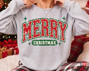 Varsity Merry Christmas Sweatshirt, Christmas Crewneck Women, Retro Christmas Sweatshirt, Merry Christmas Shirt, Holiday Gift for Her