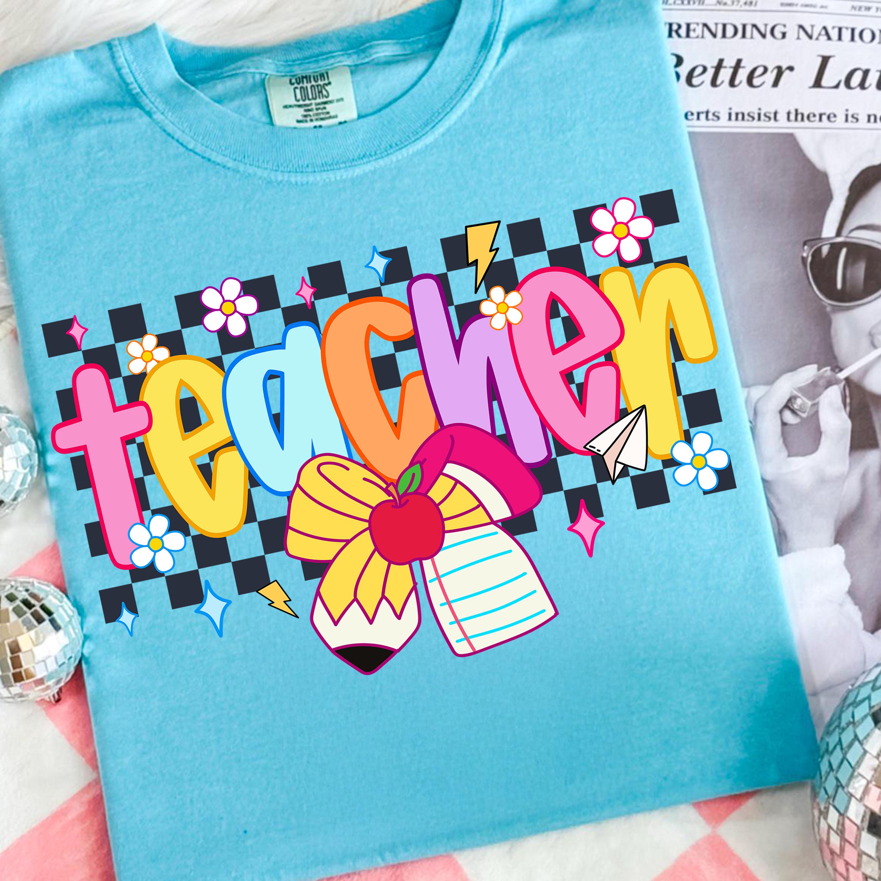 Preppy Coquette Teacher Png, Checkered Floral Teacher Sublimation Design, Cute Pastel Back to School Shirt Png, Retro Girly Teacher Png