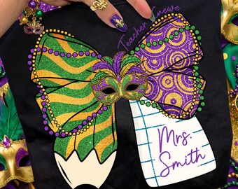 Custom Mardi Gras Teacher PNG, Teacher Mardi Gras Coquette Pencil Png, Fleur De Lis Png, Mardi Gras Holiday Mask Png, Louisiana Festival Png