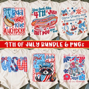 May include: A collection of six white t-shirts with patriotic designs. Each shirt features unique graphics, including hot dogs, fireworks, and the text "4th of July." The shirts are decorated with red, white, and blue colors, perfect for Independence Day celebrations.