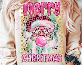 Merry christmas png, Glitter christmas png, Retro christmas png, santa bubblegum png, preppy christmas png, pink christmas png, sublimation