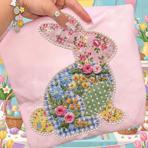 Floral Easter Bunny Patchwork PNG, Bunny Easter PNG, Floral Retro Valentine Png, Cottage Core Gingham Patchwork PNG, Spring Patchwork png