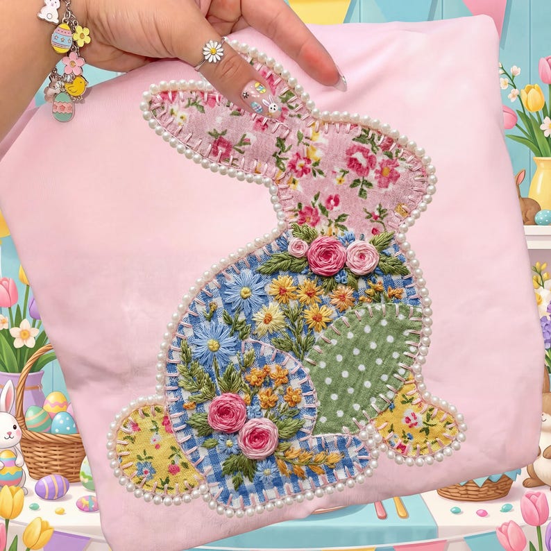 May include: A pink pillow featuring a patchwork bunny design. The bunny is adorned with floral patterns, blue gingham, and polka dots, outlined with faux pearls. The design includes embroidered flowers and is set against a pink background.