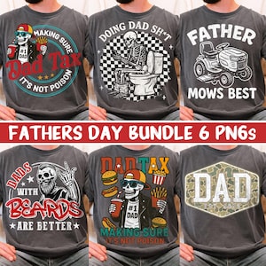Puede incluir: Colección de seis camisetas grises oscuras con varios diseños temáticos del Día del Padre. Los diseños incluyen un esqueleto con una bebida, un esqueleto en un inodoro, un cortacésped y textos como "Dad Tax", "Father Mows Best" y "Dads with Beards are Better".
