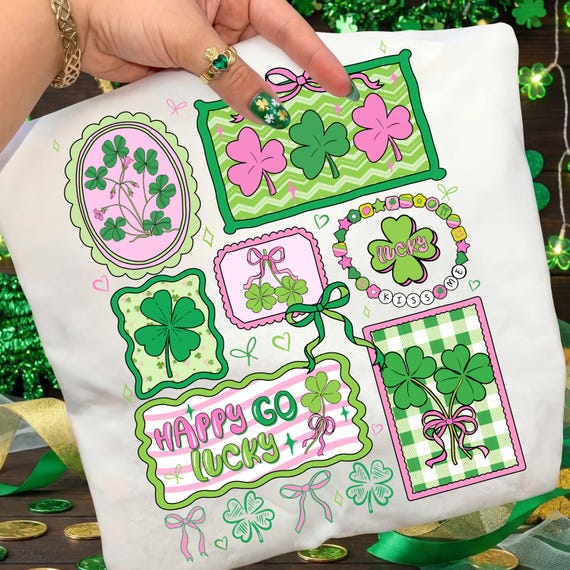Preppy Happy Go Lucky Png, St Patricks Day Png, St Patrick Doodle Png, Coquette Bow Shamrock Png, Pink Green Lucky Png, Irish