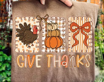 Coquette Give Thanks PNG Thanksgiving Hand Drawn Doodle Whimsical Three Frames Bow Preppy Brush Stroke Fall Retro Trendy Sublimation 2025