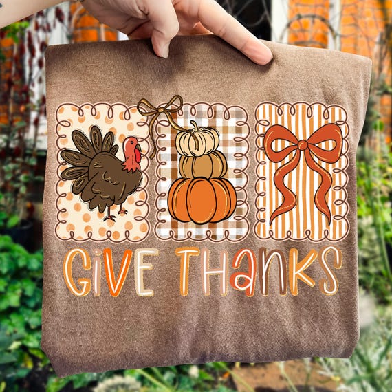 Coquette Give Thanks PNG Thanksgiving Hand Drawn Doodle Whimsical Three Frames Bow Preppy Brush Stroke Fall Retro Trendy Sublimation 2025
