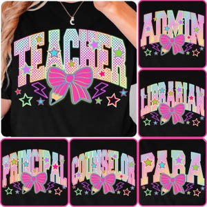 Retro Back to School Neon Checkered Png Bundle, School Occupation Png, First Day Of School Teacher Sped Para Librarian Png, Bright Color Png