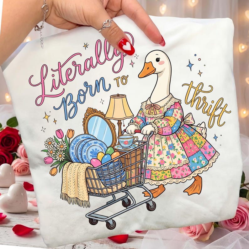 Może przedstawiać: Biała poszewka na poduszkę z kolorową ilustracją gęsi pchającej w&oacute;zek sklepowy wypełniony przedmiotami w stylu vintage. Tekst "Literally Born to Thrift" jest napisany zabawną czcionką. Gęś ma na sobie patchworkową sukienkę.