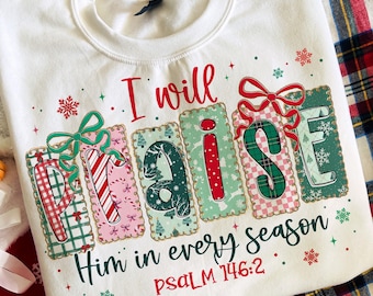 I Will Praise Him In Season PNG, Coquette Christian Christmas Png, Preppy Bow Retro Christmas Tree Design, Hand Drawn Gingham Tartan Doodle