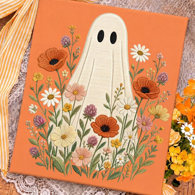 Blommigt spöke PNG, Faux broderi vildblommigt spöke sublimering, Cottagecore Boho höst Halloween-skjorta PNG, Vintage sött läskigt spöke PNG bild 3