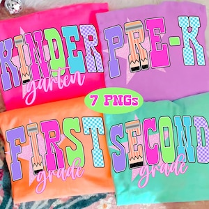 Retro Back to School Girls PNG Checkered Bundle, Kindergarten Kid Design, First Day Shirt PNG, Pre-K to Fourth Grade Png, School Girl File