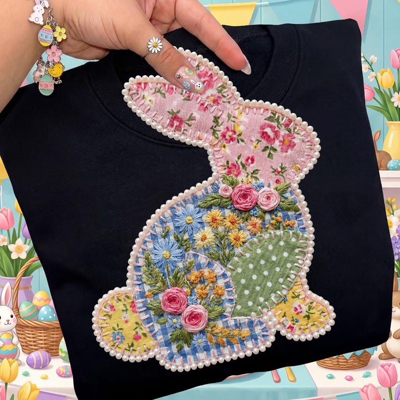 May include: Black sweatshirt featuring a patchwork bunny design. The bunny is adorned with floral patterns, embroidered details, and a pearl bead outline. The design incorporates pink, blue, yellow, and green fabrics, creating a festive Easter theme.