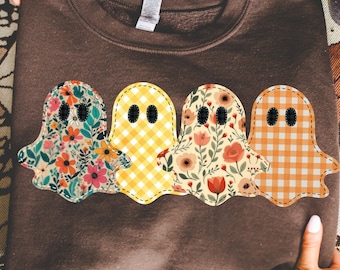 Preppy Spooky Season Png, Kwiatowy Ghost Patchwork png, Jesienna dynia png, Zabawny Halloween Png, Haft png, Upiorna sublimacja, Trendy
