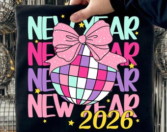 PNG de Ano Novo 2026, PNG de Ano Novo Estilo Preppy 2026, Laço Coquette de Bola de Discoteca de Ano Novo, Sublimação Moderna de Véspera de Ano Novo, PNG de Celebração