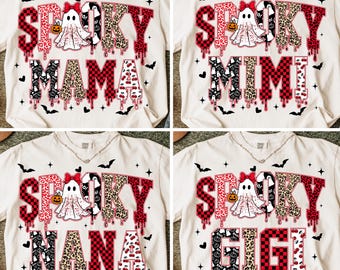 Spooky Mama Halloween Bundle Png, Spooky Letters Png, Leopard Checker Cherry Print, Red Black, Ghost Spooky Png, Preppy Halloween Mama Png