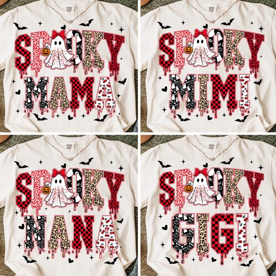 Spooky Mama Halloween Bundle Png, Spooky Letters Png, Leopard Checker Cherry Print, Red Black, Ghost Spooky Png, Preppy Halloween Mama Png