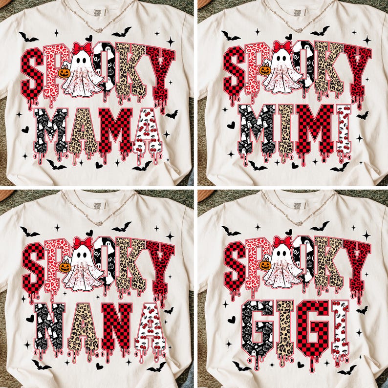 May include: Cream-colored t-shirts with Halloween-themed designs. Each shirt features the word "Spooky" in red and leopard print, with a ghost and pumpkin graphic. The shirts also have the words "Mama", "Mimi", "Nana", and "Gigi".