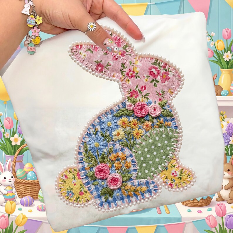 May include: White pillow with a patchwork bunny design. The bunny is made of floral and patterned fabrics in pink, blue, yellow, and green, outlined with a pearl trim. The design features embroidered flowers and a whimsical Easter theme.
