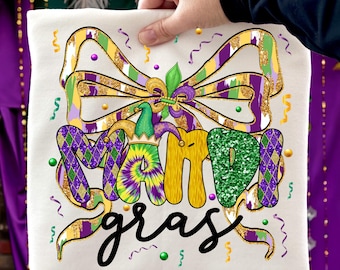 Mardi Gras Bow PNG, Fat Tuesday Shirt Design, Carnival Party Sublimation, Glitter Mardi Gras Art,Mardi Gras Letters PNG,Mardi Gras Coquette