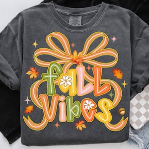 May include: Dark gray sweatshirt with the words "Fall Vibes" in colorful, bubble letters. The design includes a large orange bow, fall leaves, and small white flowers. The sweatshirt has a vintage, washed look.