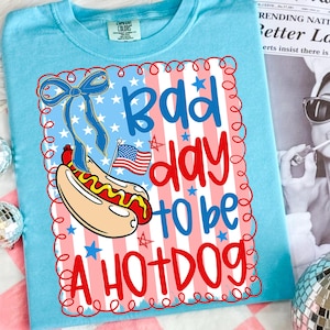 May include: Light blue t-shirt with a graphic that says "Bad day to be a hotdog." The graphic features a cartoon hotdog with an American flag and a blue bow. The background has red and white stripes and blue stars.