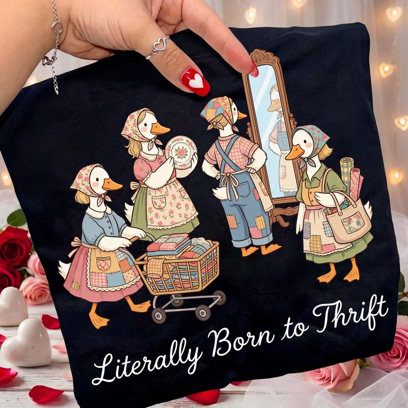 May include: Black t-shirt featuring a whimsical illustration of anthropomorphic ducks dressed in vintage clothing, engaged in thrifting activities. The phrase "Literally Born to Thrift" is written in a cursive font at the bottom of the shirt.