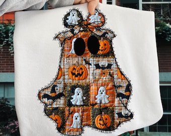 Patchwork Ghost PNG, Halloween Vintage Quilt Ghost Sublimation, Cozy Spooky Fall Shirt Design, Retro Halloween Ghost PNG
