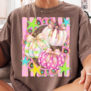 Coquette Pumpkin PNG, Pastel Bow Pumpkin Sublimation Design, Pink Preppy Fall Shirt Png, Trendy Glitter Polka Dot Pumpkin Halloween Png
