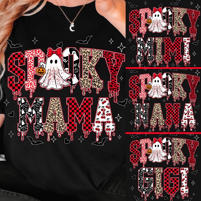 May include: Black t-shirt with a Halloween-themed design. The shirt features the word "Spooky" in a red and black checkered pattern, with a ghost and pumpkin graphic. Below, the word "Mama" is displayed in a leopard print and cherry pattern.