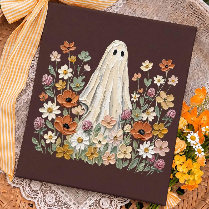 Floral Ghost PNG, Oil Painting Wildflower Ghost Sublimation, Boho Vintage Fall Halloween Shirt Png, Cottagecore Spooky Ghost Png image 4