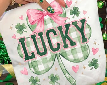 Preppy Lucky St Patrick's Day PNG, Retro Coquette St Patrick's Day Lucky Shirt Png, Lucky Clover, Shamrock Png, St Patricks day shirt Png