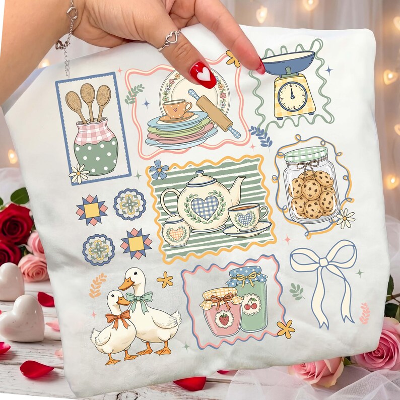 May include: White pillow with a charming kitchen-themed design. Features illustrations of kitchen tools, a teapot, ducks, cookies, and jars of jam. The design includes pastel colors and a vintage aesthetic, perfect for a cozy kitchen.