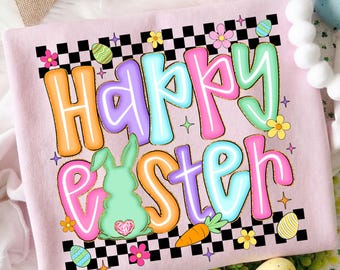 Preppy Happy Easter Checkered png, Coquette Easter Bunny png, Pastel Neon Easter, Spring season png, Cute Easter Design, Spring Floral png