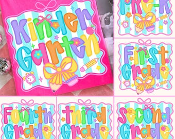 Preppy Back to School Bundle PNG, Coquette Teacher First Day of School Shirt Design, Girly Checkered Sublimation, Pre-k 1st/2nd/3rd Grade