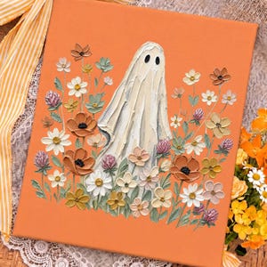 May include: A square canvas painting with a solid orange background featuring a central white ghost figure surrounded by a textured, impasto-style garden of various flowers in shades of white, yellow, pink, brown, and muted green.
