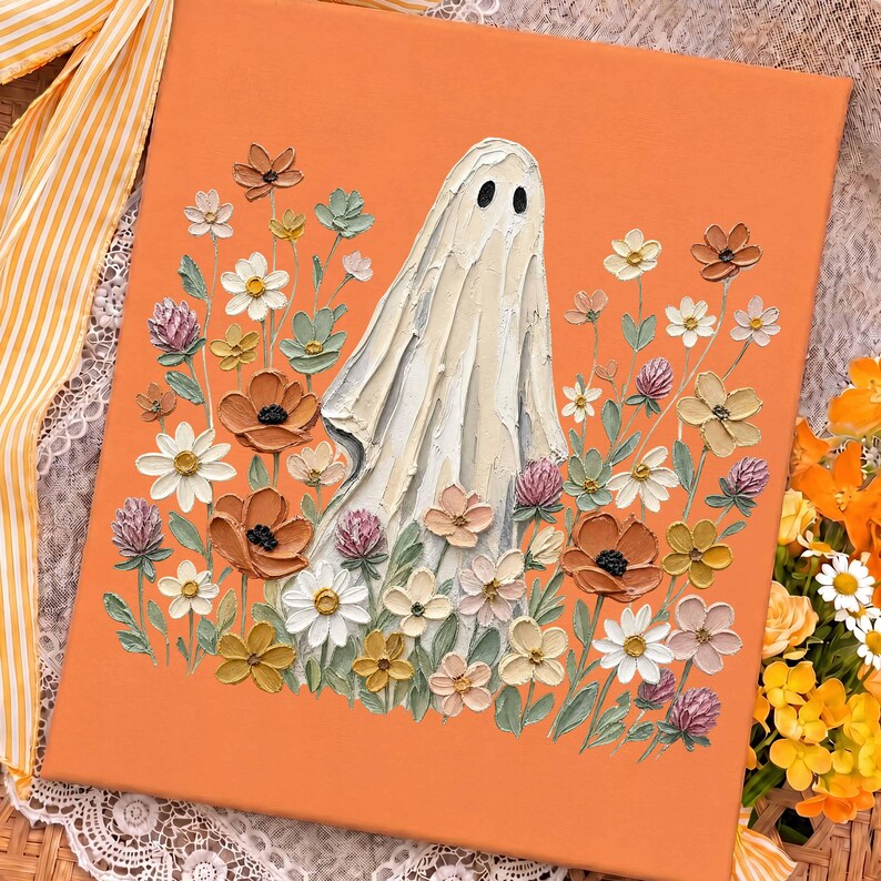 May include: A square canvas painting with a solid orange background featuring a central white ghost figure surrounded by a textured, impasto-style garden of various flowers in shades of white, yellow, pink, brown, and muted green.